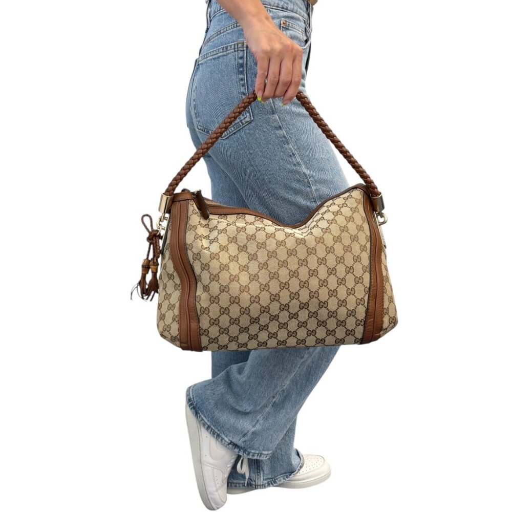 GUCCI Vintage GG Logo Monogram Shoulder Bag Brown Canvas Leather Bamboo [106428] - Picture 4 of 16